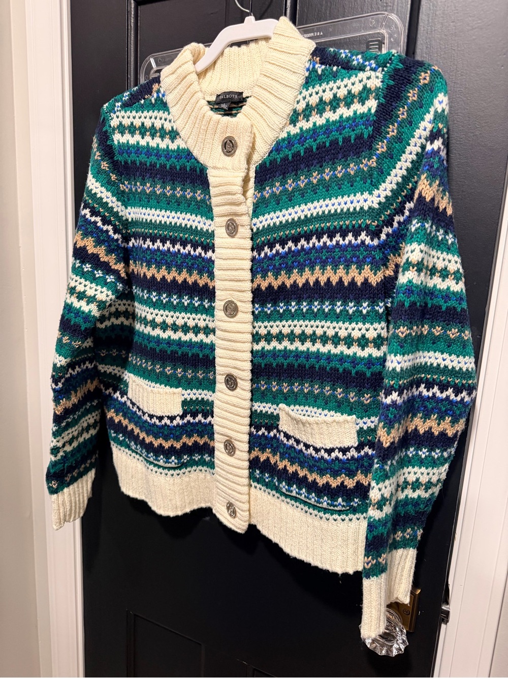 Talbots Fair Isle Button-Front Cardigan — Cream, Green & Navy